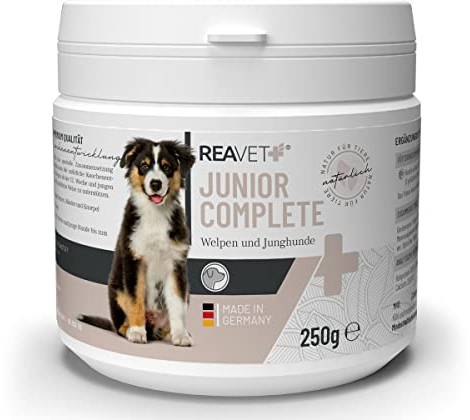 ReaVET Junior Complete für Hunde - Natürliche Knochenentwicklung für Welpen & Junghunde – Mit Grünlippmuschel, Hagebutte, Eierschalenpulver & Spirulina – Unterstützt Knochen, Gelenke & Sehnen 250g