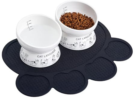 Howise Ceramic Raised Cat Bowls | Tilted Elevated Cat Bowl for Food and Water | Cat Small Dog Bowl with Anti-Slip Silicone Pet Food Mat | 2 Pack Raised Cat Food Water Bowl Set (Black)
