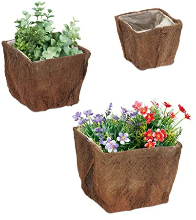 Relaxdays Blumentopf 3er Set, Kokosfaser, quadratisch, 3 Größen, Garten, Balkon & Fensterbank, Übertopf mit Folie, Natur