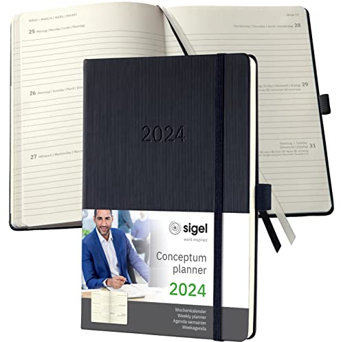 SIGEL C2412 Terminplaner Wochenkalender 2024, ca. A5, schwarz, Hardcover, 192 Seiten, Gummiband, Stiftschlaufe, Archivtasche, PEFC-zertifiziert, Conceptum