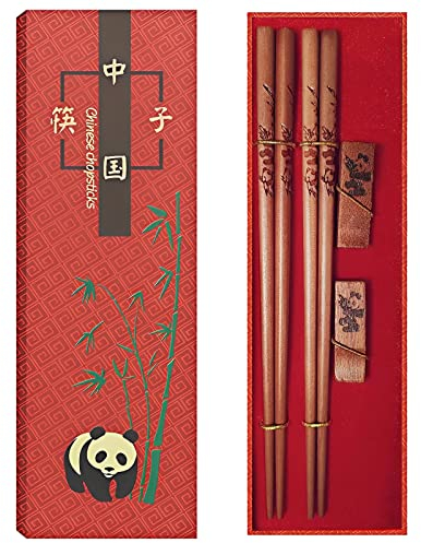 Juego de palillos y palillos de panda, juego de palillos de madera reutilizables con soporte de palillos de madera y estuche de regalo rojo para bodas, aniversarios, regalos de cumpleaños (2 pares)