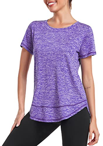 Deaviya Sport T-Shirt Damen, Kurzarmshirt Frauen, Workout Tops Rundhalsausschnitt Athletisch Lässig Laufen Yoga Fitness T-Shirts Locker (DE/NL/SE/PL, Alphanumerisch, XXL, Lila)