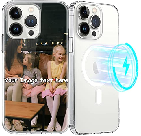 Yoedge Personalisierte Handyhülle für iPhone 13 Pro Max 6,7, [Kompatibel mit MagSafe] Magnetisch Hülle mit Eigenem Foto Bild Text Schutzhülle Selbst Gestalten, Transparent Weiche Dünn Silikon Case
