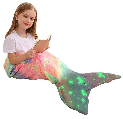 Viviland Kinder Meerjungfrau Schwanz Decke, Meerjungfrau Schwanz Decken leuchten in der Dunkelheit, Flanell Meerjungfrau Decke Geschenke für Mädchen, Mehrfarbiges Einhorn 43x100cm