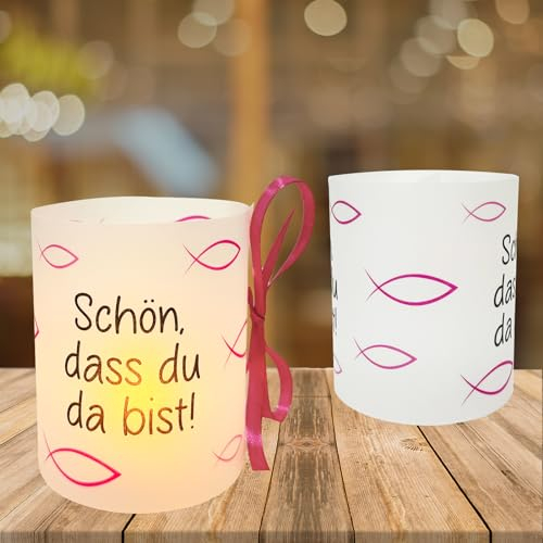 12 Rosa Windlicht Tischdeko Taufe Deko Mädchen, Kommunion Konfirmation Jugendweihe Erstkommunion Deko Mädchen, Schön DASS Du Da Bist, Motiv Fisch