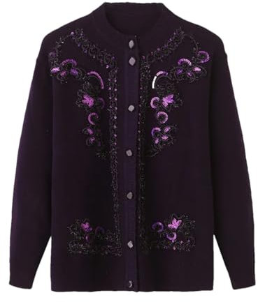 DBFBDTU Cardigan da donna lavorato a maglia con stampa, maglione per nonna, cappotto a maniche lunghe per anziani di mezza età, Viola, XL