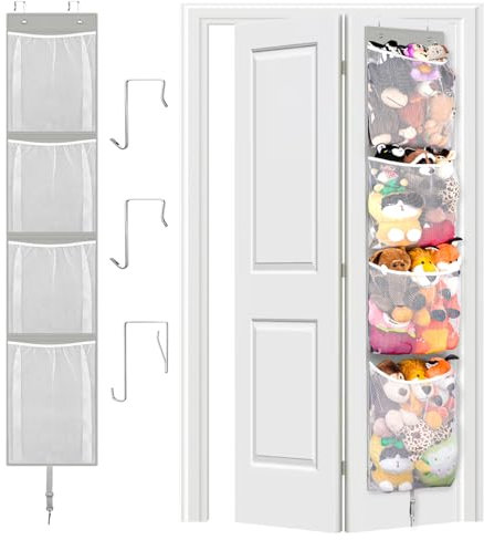 Animal Storage Over Door, Hanging Toy Organizer, Plush Doll & Bear Baby Accessory Holder Idea for Nursery, 12 Inch Wide Mesh Bag for Bi-Fold Door Closet Girl Boy Kid Room