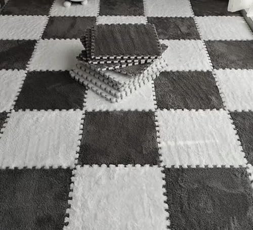 10pcs 30cm/11.8in Plush Foam Floor Mat, Interlocking Foam Squares Fluffy Carpet Tiles Plush Area Rug for Room Floor (Grey White)