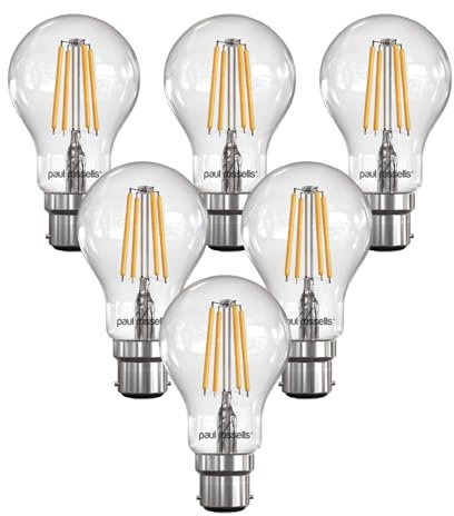 paul russells LED Filament GLS – Dimmable Bayonet Cap Fittings B22 Lightbulbs, 7Watt 806 Lumens Classic A60 LED Bulbs, 60w Equivalent, 2700K Warm White Dimmer BC Energy Saving Lamps, Pack of 6
