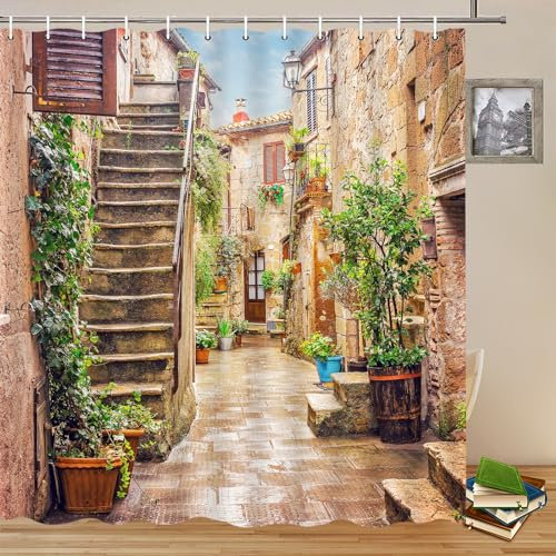 Yadshoti Italienische architektonische Landschaft, Duschvorhänge, europäische alte mediterrane Straße, Steinhaus, Vintage-Landschaft, Badezimmer-Dekor, Polyester-Stoff, Vorhang, 178 x 178 cm, mit