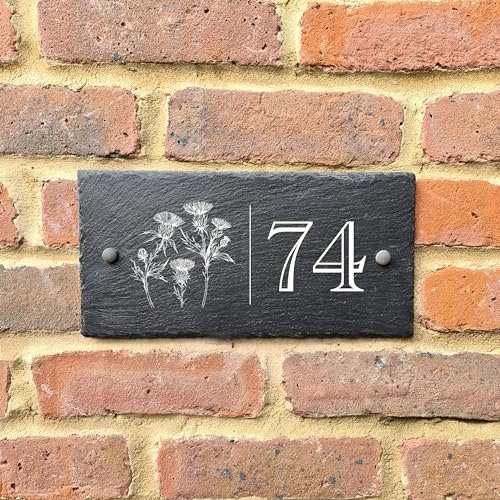 Bespoke Slate House Signs - UK & Ireland Emblem Handmade Custom Door Number Wall Plaque with Rustic Design - Includes Fixing Kit - Ideal for Home, Office, Gate, Porch - 300 x 150mm (Thistle)