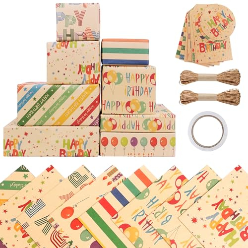 8 Stück Öko Kraft Geschenkpapier für Kinder - Geburtstag Set Mit Schleife und Klebeband - für Mädchen und Jungen (50x70cm)