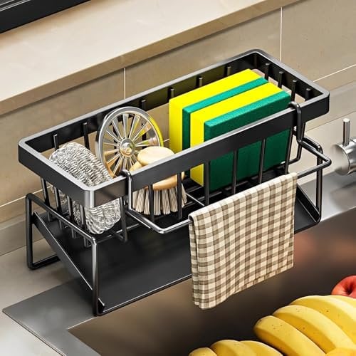 TFSZE Organisateur D'évier De Cuisine,Un Panier De Rangement pour éponge avec Plateau D'égouttement Automatique,Porte éponges Pas De Perçage Organisateur Evier Acier Inoxydable Rangement(Court)