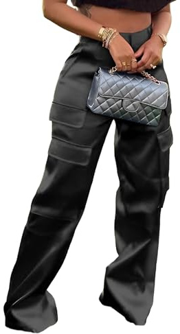 Baczoe Black Faux Leather Cargo Pants Women Tall Plus Size Dressy Satin Wide Leg High Waist Casual Outfits (Black, XL)