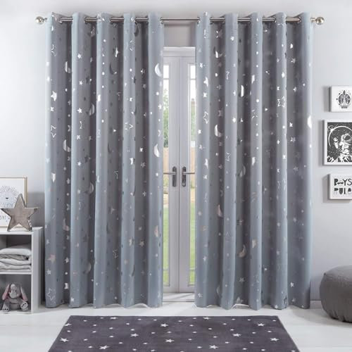 MAQUE Gardinen Grau Vorhänge Sterne Verdunklungsvorhänge Schiebe Schallschutz Vorhang mit Ösen für Schlafzimmer Wohnzimmer H260 x B140 cm 2 teiliges Set