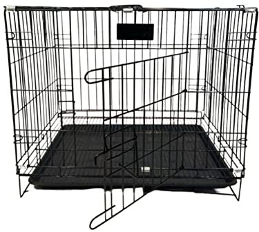 Dog Cage Crate – Heavy Duty Black Metal Folding Crate with 2 Doors, Chew-Resistant Plastic Base Tray, and Carrier Handle – Ideal for Puppy Training (S : L 47 x H 30 x W 38cm)