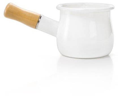 DEAYOU Enamel Milk Pot, 0.6 Quart Mini Butter Warmer Saucepan with Insulated Wooden Handle and Dual Pour Spout, Nonstick Small Soup Pot for Stove Top, Home, Kitchen, Cooking, Heating, Boiling, 18 Oz