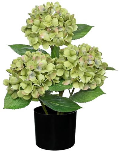 Hollyone Künstliche Hortensie im Topf, Grün Hortensien Kunstblumen Deko Blume mit Topf Seidenblume für Haus Bad Büro Tisch Dekoration