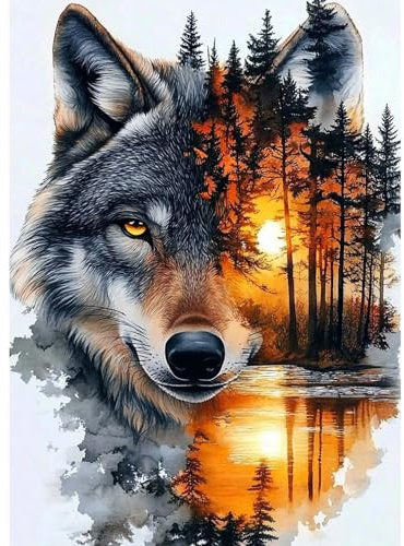 CEOVR Diamond Painting Kit complet Loup 5D Diamond Painting,Diamond Painting Adulte,30 x 40 cm peinture diamant, coucher de soleil et loup diamants, peinture diamant 5D