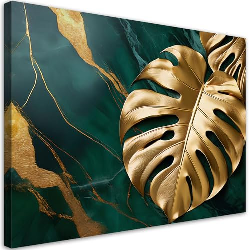 Feeby Viles - Leinwand Bilder - Monstera Goldblatt Marmor - 120x80 cm - Deko Wohnzimmer - Wandbilder Schlafzimmer - Deko Aesthetic - Wand Deko - Leinwand Groß - Deko Zimmer - Leinwandbilder XXL
