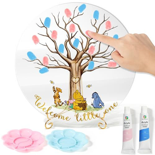 Z1juce Gender Reveal Fingerabdruck-Baum – Winnie Gender Reveal Acryl Andenken Fingerabdruck Baum Gästebuch für Babyparty Ideen Baby Geschlecht Enthüllung Party mit Farben zum Selbermachen