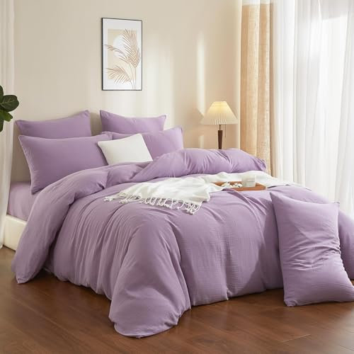 YASMENG Doppelte Muslin Bettwäsche 200x220 Lila Bettwäsche Muslin 100% Baumwolle Bettwäsche Weich Atmungsaktiv Kuschelige Bettwäsche 3 Teilig mit Reißverschluss und 2 Kissenbezüge 80x80 cm