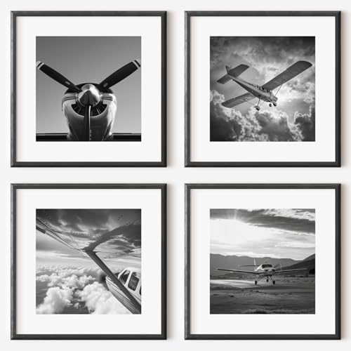 MJ-GRAPHICS® Quadratisch Poster Piloten Aviation Passion Poster Set Flugzeug Kunstdruck Wohnzimmer Wandbild Pilot Luftfahrt Schwarz-Weiß Poster Vintage Retro – 30x30 cmOhne Rahmen