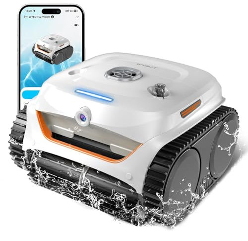 WYBOT C2 Vision AI caméra Robot Piscine sans Fil avec Batterie, Robot de Piscine Sol et Mur, Filtration à Deux Couches, Aspiration puissante, pour piscines enterrées jusqu'à 180㎡(Blanc-Orange)
