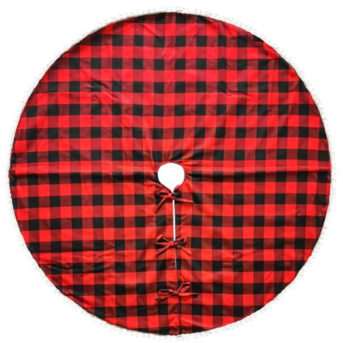 Kronabelle Grande base per albero di Natale a quadri di bufalo, 122 cm, a quadri rossi e neri con bordo con pompon, base per albero di Natale con cravatte, decorazione per fattoria