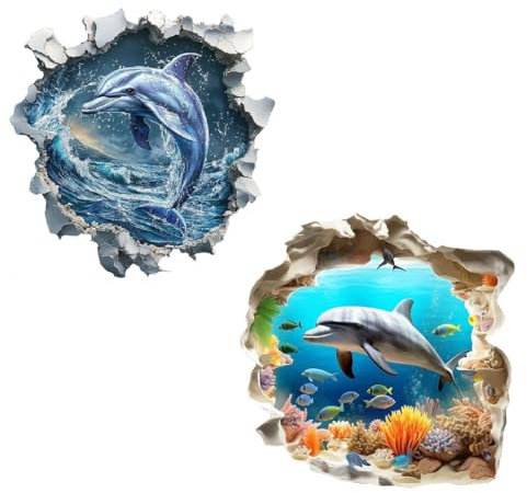 COVPAW 2x 3D Wandaufkleber Delfin, Wandtattoo Meer Ozean Unterwasserwelt Motiv, 29,1 x 29,3 cm, 2er Set Kinderzimmer Wohnzimmer Küche usw. (2 Dophins)