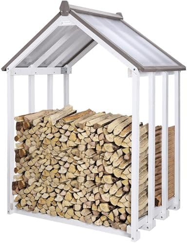 WONDERMAKE® Design Kaminholzregal aus Holz mit Dach außen, Brennholzregal Holzlager-Regal Feuerholzregal Kaminholzunterstand Kaminholzlager klein Brennholzlager draußen Outdoor, 1,8 SRM, weiß grau