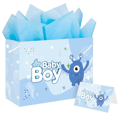 Ssyuysto Groß Geschenktüte Geburt Junge 33cm blaues Breite Baby Boy Geschenktasche mit Seidenpapier Grußkarte für Babyparty Geburtstag Baby Shower Taufe Geschlechtsoffenbarung Niedlich Monster Design