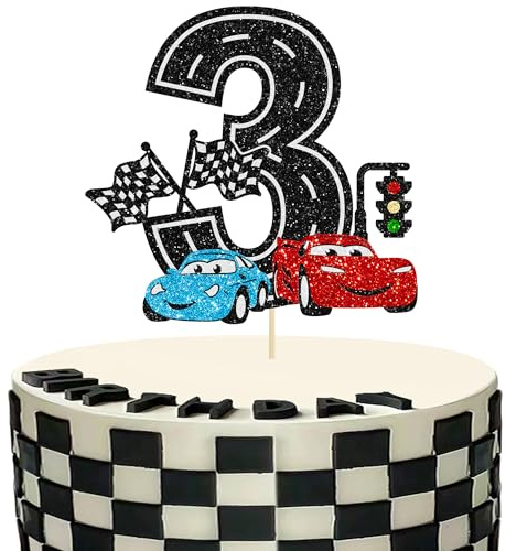 Ephlyn 1Pc Race Car 3rd Birthday Cake Topper Glitter 3rd Racing Car Birthday Cake Decoration for Racing Checkered Flag Themed Girl Boy 3 Years Birthday Party Supplies