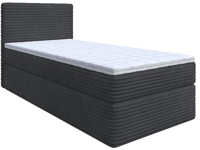 Generisch Bett, Boxspringbett ZENO MINI mit T25 Topper, Federkern, Einzelbett, Bettkasten, Stauraum,Polsterbett (Schwarz: Tilia 100, 90x200 cm)