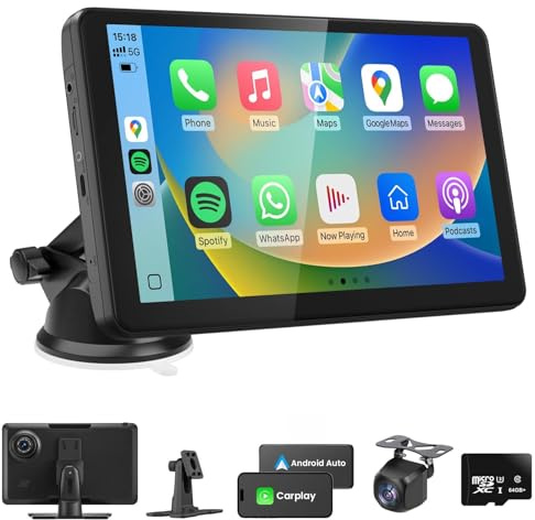 Wireless CarPlay & Android Auto Screen, 9 Inch Portable Car Stereo with 4K Dash Cam, Reversing Camera, Touch Screen, Bluetooth Hands-free Calling, GPS Navigation, Voice Control, Mirror Link, FM, AUX