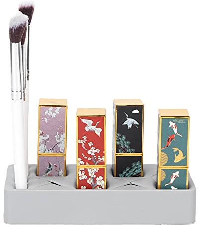 ZJchao 12 Slot Lipstick Organizer Stand, Lipstick Storage Rack Holder Silicone Makeup Cosmetic Display with 8 Large 4 Small Slots for Nail Polish Eyebrow Pencil Jewelry (Grey)