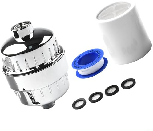 Volakebeing Filtro de ducha de 18 etapas para agua dura, purificador de agua con 2 cartuchos de repuesto, cloramina y extracción, construcción ABS, plata, para