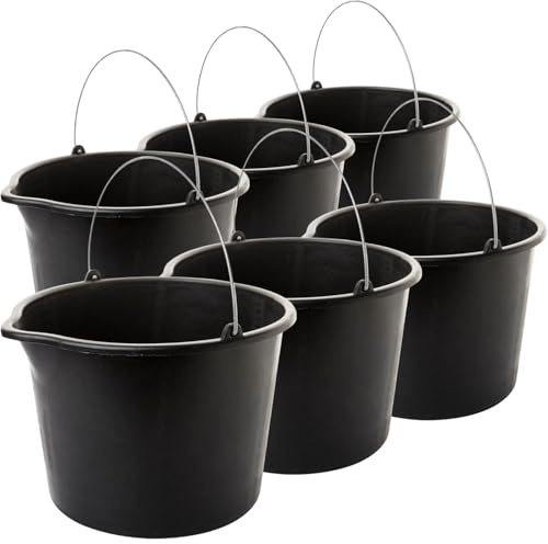 Livinja Baueimer 6er Set 12L mit Metallbügel, Eimer mit Ausguss, Putzeimer, 30 cm Durchmesser, robust, vielseitig, Kunststoff, Schwarz, 6 Stück, Made in EU, ideal für Baustelle & Haushalt