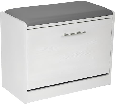Marvin Scarpiera Panca da Ingresso – Portascarpe Salvaspazio in Legno con Cuscino – Seduta e Anta a Ribalta per Cabina Armadio Corridoio o Camera Design 60x30x48 cm (Bianco/Cuscino Grigio)