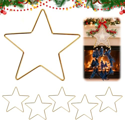 CHIHOLEN 5 Stück Metallringe zum Basteln, Metallsterne 20 cm, Hängende Metallsterne Fenster Deko, Stabiler Stern Kranz Rahmen für Weihnachtsdeko, DIY Traumfänger, Hochzeitsdeko (Gold)