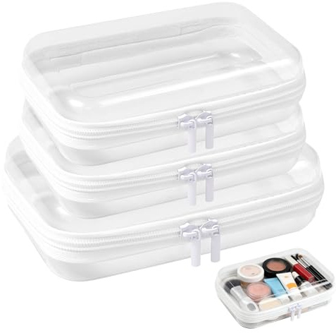 3 PCS Clear Hard Shell Zipper Cases, Transparent Waterproof Toiletry Toys Bags Double Zippered Pencil Case for Travel Makeup Tools Building Blocks Toiletries