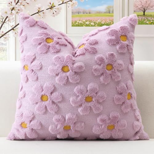 Artscope 1er Set Wolle Blumen Kissenbezug Weicher Plüsch Kurzer Wollsamt Dekokissenbezüge Frühjahr Sommer Kissenhülle Saisonale Sofakissen für Sofa Schlafzimmer Lila, 50x50cm