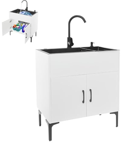 Waschtisch mit Unterschrank, Multifunktions Waschbecken Set, Badmöbel Set (Unterschrank & Wasserhahn, Seifenspender, Ablaufkorb), 360 drehende, Einstellbare Wassertemperatur, weiß