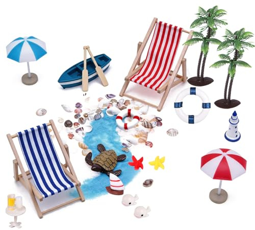 Kit Paysage Plage Miniature 21 Pièces, Décoration Sable Miniature avec Chaise Longue, Petit Palmier et Parasol, Set DIY pour Cadeau Fait Main, Aquarium, Jardin, Maison de Poupée