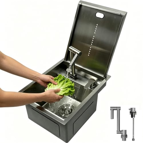 Fregadero de cocina oculto de 45 x 35 cm, de acero inoxidable 304, multifuncional, con grifo plegable, fregadero empotrado con cubierta, para cocinas pequeñas y autocaravanas