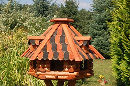 Deko-Shop-Hannusch Futterhaus/Vogelhaus mit Holzschindeln und Gauben Verschiedene Dachfarben und Solarbeleuchtung wählbar, V13, Farbe:V13 braun-schwarz ohne Solar