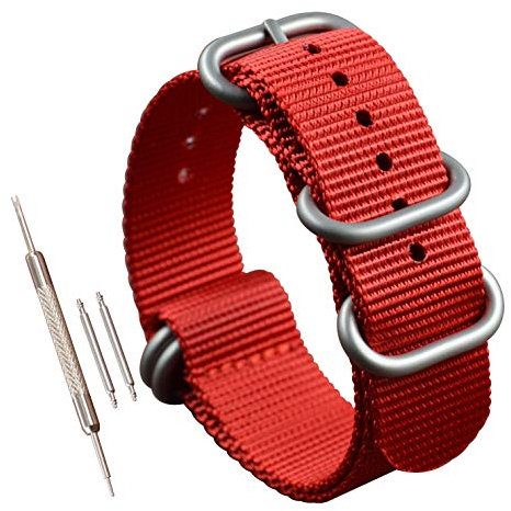 MZBUTIQ 26mm Rot Uhrenarmband Ballistisches Nylon Strap Extra Lang Herren Matte Silberne Schnalle