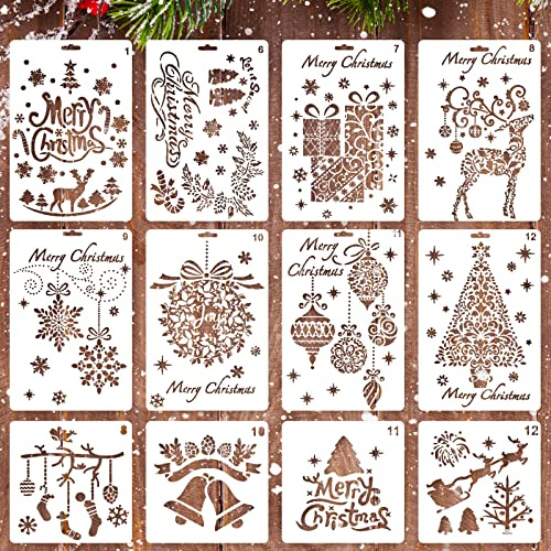 Whaline 12 Pack Christmas Stencils Bullet Journal Templates Reusable Plastic for Craft Art Drawing Painting Spraying Window Glass and Card DIY Drawing Painting Craft Projects (2 Sizes)