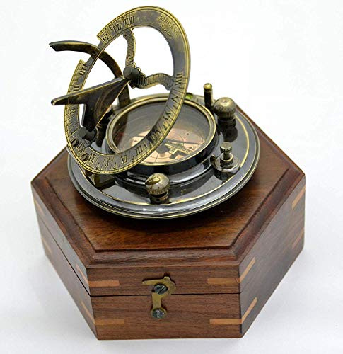 Nautical Antique Gilbert Brass Decorative Sundial Compass with Rose Wood Box