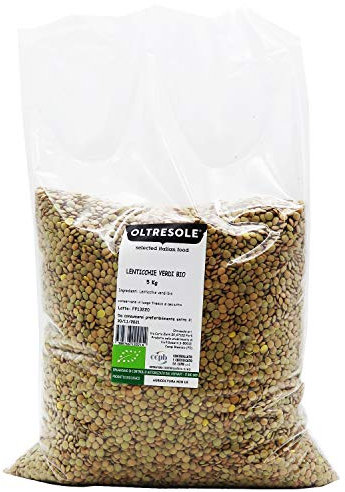 Oltresole, Lentilles vertes biologiques 5 Kg, Légumineuses entières biologiques séchées, source de protéines et de fibres, riches en fibres et en sels minéraux, format pratique